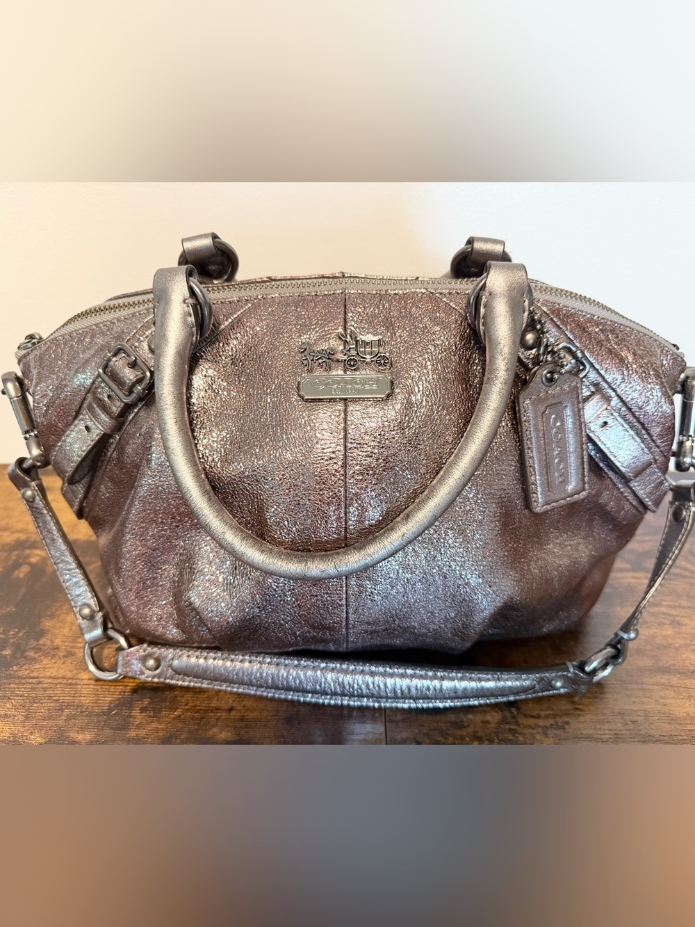 Coach Madison Sophia Satchel Gunmetal Metallic Leather Handbag Shoulder Bag